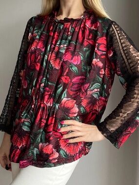 Sandro Paris Floral Print Blouse Lace Sleeves